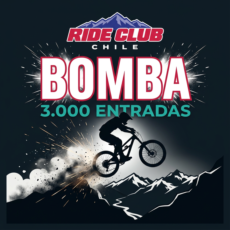 Pack Bomba de Ride Club Chile: logo del club, BOMBA y 3.000 entradas con ciclista saltando sobre la cordillera