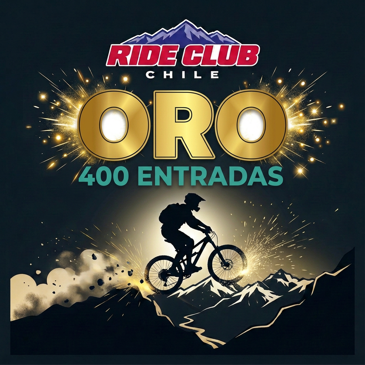 Pack Oro de Ride Club Chile: logo del club, ORO y 400 entradas con ciclista sobre la cordillera