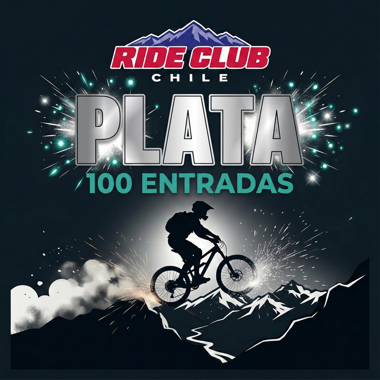 Pack Plata de Ride Club Chile: logo del club, PLATA y 100 entradas con ciclista sobre la cordillera